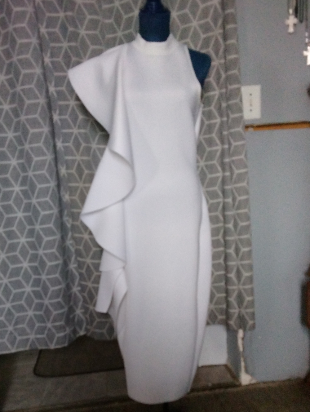 One-Shoulder Mock Neck White Ruffle Column Dress